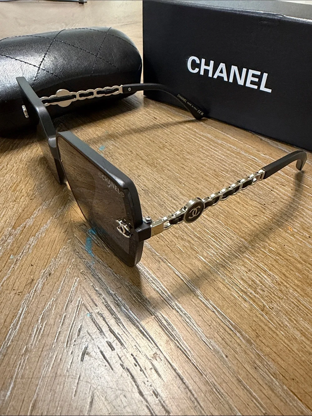 CHANEL Black Square Oversized Sunglasses with Silver CC Temples